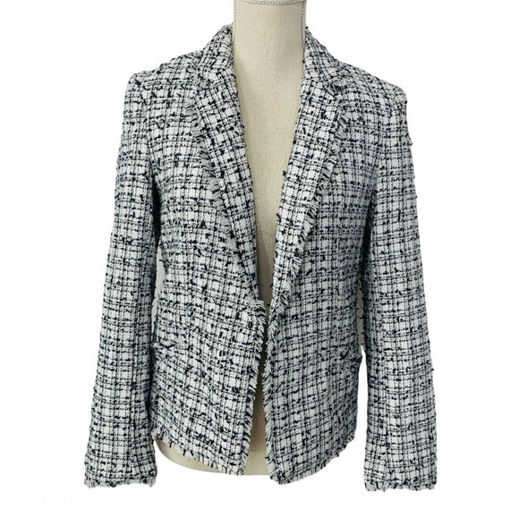 H&M Tweed Fringe Boucle Open Front Jacket Blazer